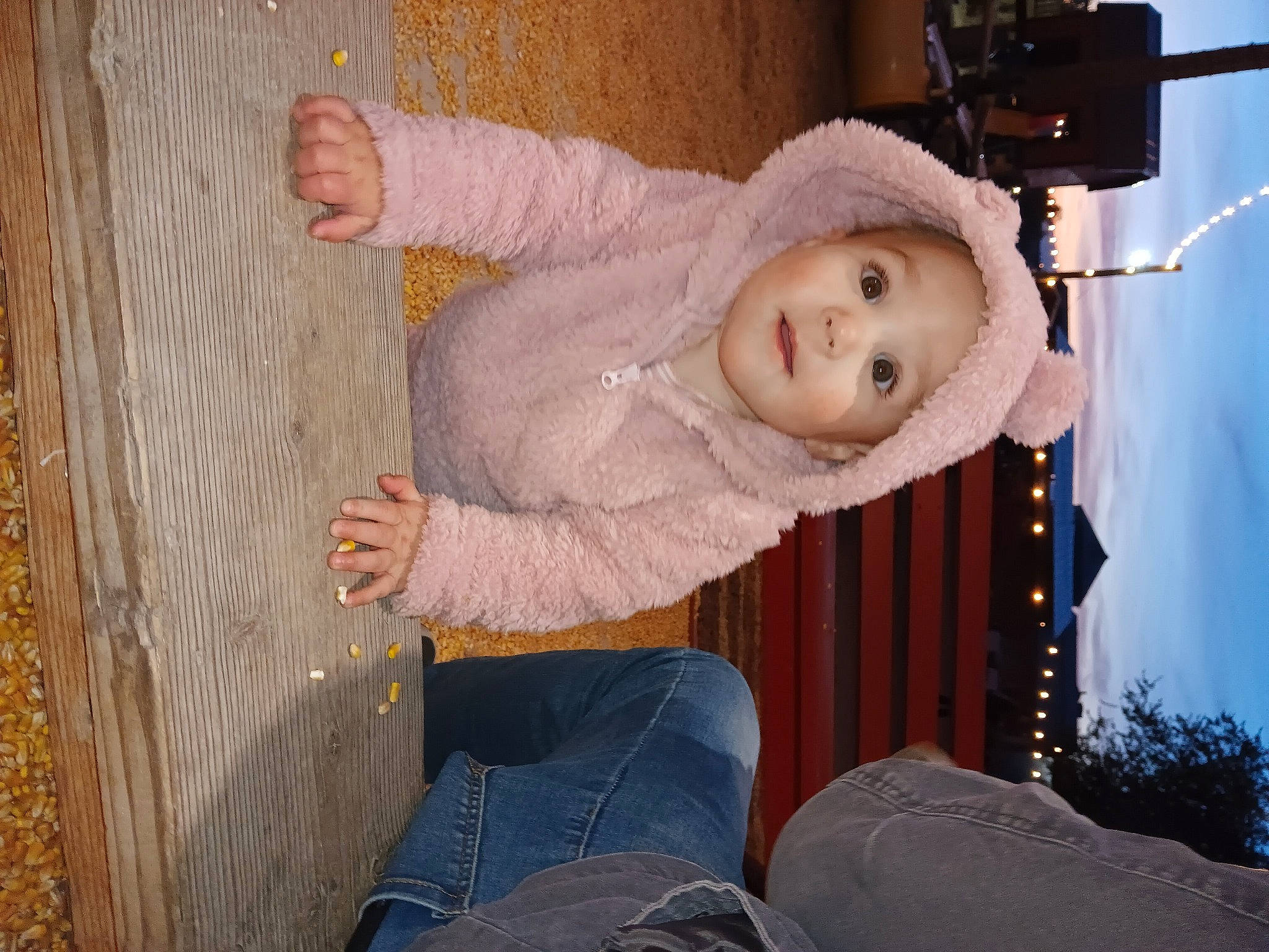 Kalei is registered to the contest to win money with this photo: baby, baby_products, baby_toddler_clothing, child, comfort, fun, fur, hardwood, hat, headwear, human_body, lap, pattern, person, room, sitting, smile, toddler, tree, winter