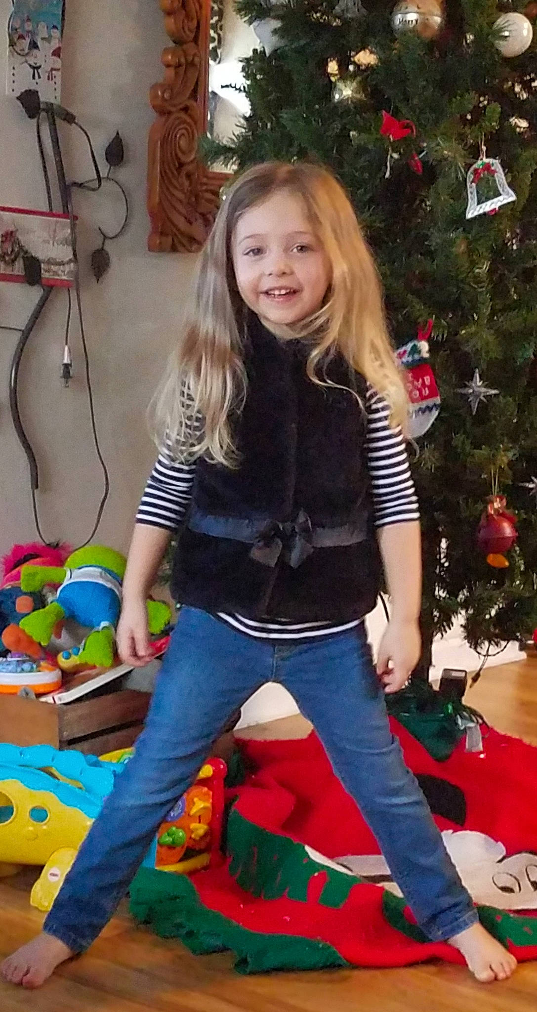 Luna joined the competition — help win amazing prizes! child, christmas, christmas_decoration, christmas_tree, flooring, fun, girl, holiday, joy, leg, pattern, person, play, sitting, toddler