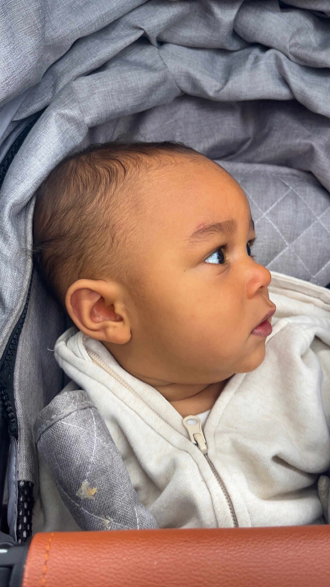 Wassym participe au concours pour gagner de l'argent avec cette photo : baby, child, closeup, clothing, curious, cute, ear, fabric, face, head, hoodie, infant, person, profile, quilted, skin, soft, stroller, young_child, zipper