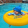 baby, child, pool, water, swim_ring, blue_hat, smiling, floating, summer, outdoor, swimming, fun, cute, yellow, safety, infant, playful, recreation, sunny, leisure