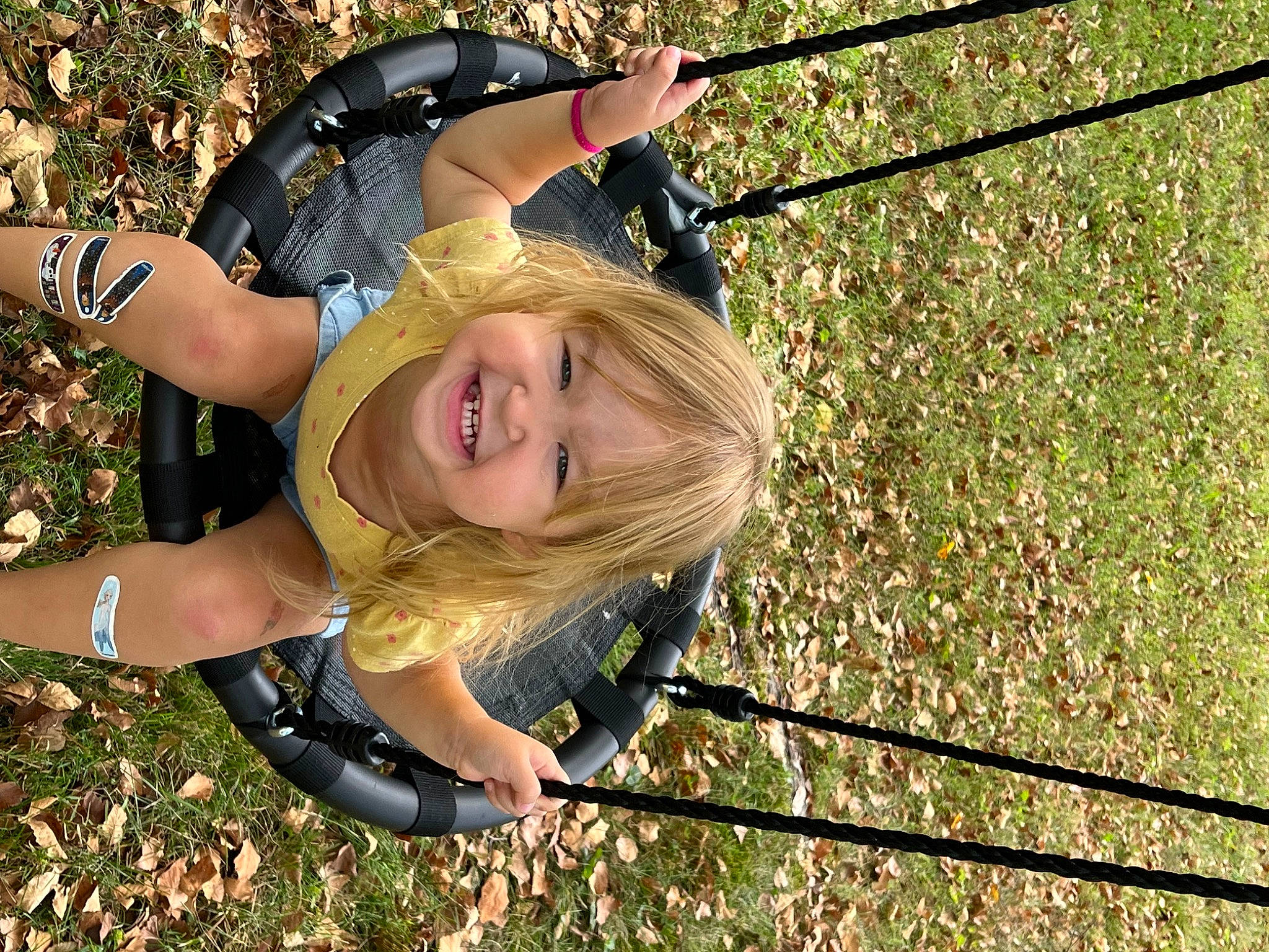 Harper Mae is registered to the contest to win money with this photo: child, flash_photography, fun, grass, grassland, happy, human_leg, joy, knee, leisure, outdoor_play_equipment, people_in_nature, person, plant, play, playground, recreation, smile, swing, thigh