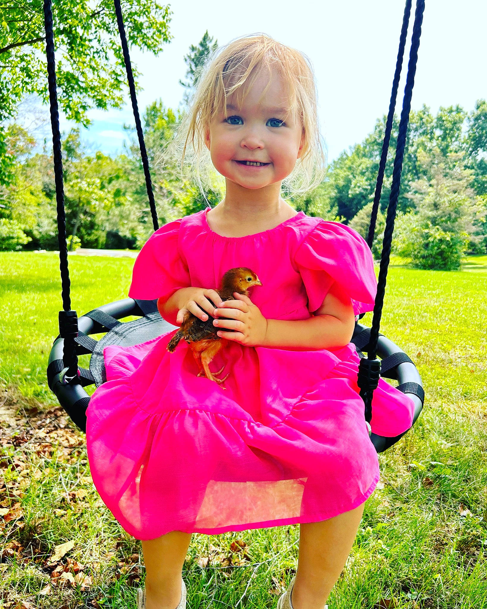 Harper Mae is registered to the contest to win money with this photo: baby_toddler_clothing, blond, child, electric_blue, facial_expression, fun, grass, happy, joy, leisure, magenta, people_in_nature, person, pink, plant, product, recreation, sky, smile, swing