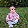 baby, child, grass, outdoor, pink_cardigan, leggings, socks, sitting, greenery, nature, portrait, curious, cute, young_child, soft_background, yellow_flowers, blurry_background, daylight, face, person
