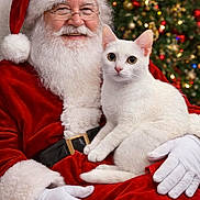 Snowbella is registered to the contest to win money with this photo: animal, cat, celebration, christmas_tree, festive, glasses, gloves, happy, holiday, indoors, lights, ornaments, pet, portrait, red_suit, santa_claus, seasonal, smile, white_beard, white_cat