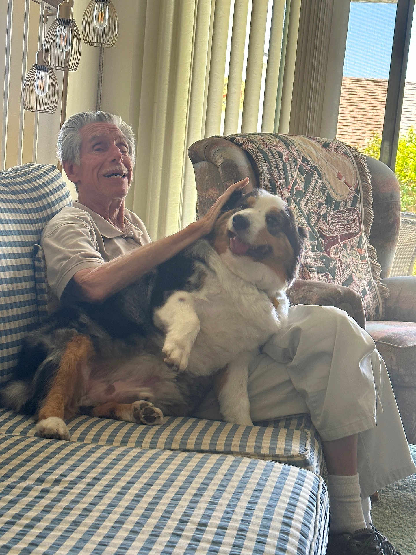 Bjneville joined the competition — help win amazing prizes! armchair, carpet, casual_clothing, companion, couch, dog, elderly_man, footwear, hand_pet, happy, home_interior, indoor, natural_light, pet, seated, smiling, striped_couch, sunlight, vertical_blinds, window