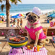 Sugar is registered to the contest to win money with this photo: barbecue, beach, burger, chair, chef_hat, dog, food, grill, hot_dog, ocean, people, picnic, pink_dress, pug, sign, string_lights, summer, table, umbrella, wooden_fence