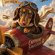 Bounty participe au concours pour gagner de l'argent avec cette photo : dog, dachshund, pilot, vintage_airplane, goggles, scarf, sky, clouds, propeller, banner, text, red_airplane, paw_print, flying, adventure, cute, animal, portrait, outdoor, whimsical