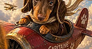 Bounty participe au concours pour gagner de l'argent avec cette photo : adventure, animal, banner, clouds, cute, dachshund, dog, flying, goggles, outdoor, paw_print, pilot, portrait, propeller, red_airplane, scarf, sky, text, vintage_airplane, whimsical