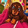 cartoon, illustration, dachshund, puppy, dog, cute, pink_blanket, heart_emojis, window, curtains, plant, bookshelf, bed, cozy, indoor, sunlight, room, furniture, colorful, art