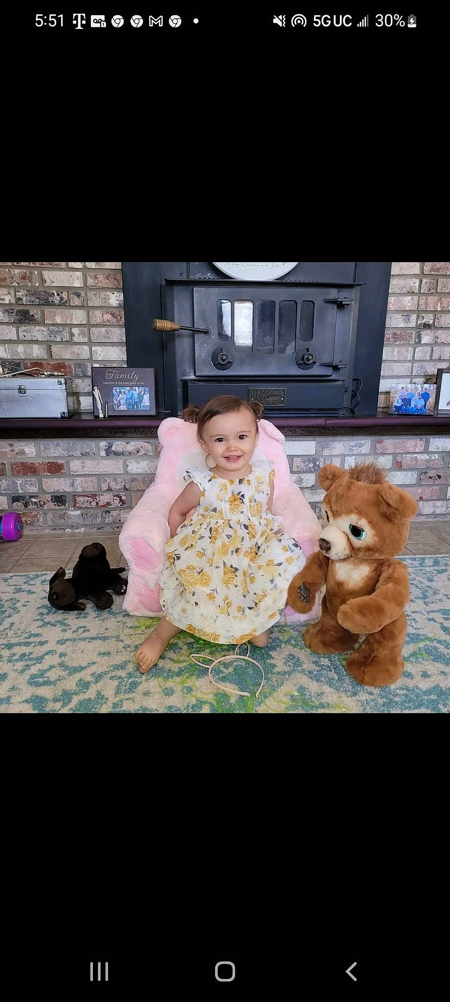 Magnolia joined the competition — help win amazing prizes! baby, child, companion_dog, costume, event, flooring, fun, fur, grass, happy, joy, leisure, person, pink, play, room, sitting, stuffed_toy, teddy_bear, television