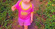 Selene joined the competition — help win amazing prizes! toddler, child, pathway, nature, greenery, pink_clothing, blue_eyes, hair_tie, outdoor, walking, shoes, cartoon_character, summer, cute, young_child, plants, dirt_path, casual_clothing, curious, small_footwear