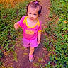 toddler, child, pathway, nature, greenery, pink_clothing, blue_eyes, hair_tie, outdoor, walking, shoes, cartoon_character, summer, cute, young_child, plants, dirt_path, casual_clothing, curious, small_footwear