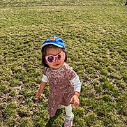 Shivanshi is registered to the contest to win money with this photo: toddler, child, grass, outdoor, sunglasses, cap, shadow, dress, shoes, sunny, yard, casual, person, fashion, walking, play, daylight, young, cute, summer