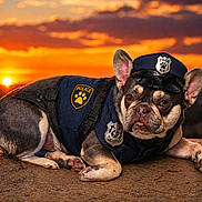 Yasmin is registered to the contest to win money with this photo: dog, french_bulldog, police_costume, k9, sunset, outdoor, pet, animal, canine, costume, uniform, lying_down, brown, black, ears, fur, nature, scenic, vibrant, portrait