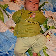 Raiden joined the competition — help win amazing prizes! baby, infant, child, dinosaur_outfit, green_clothing, blanket, floral_pattern, bed_cover, lying_down, cute, smiling, indoors, portrait, person, soft_texture, comfort, young_child, small_hands, small_feet, colorful