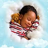 Jeremiah is registered to the contest to win money with this photo: baby, blue_sky, child, clouds, cozy, cuddly, cute, dreamy, fluffy, infant, peaceful, portrait, resting, sleeping, smiling, soft_texture, stars, striped_clothing, teddy_bear, warm