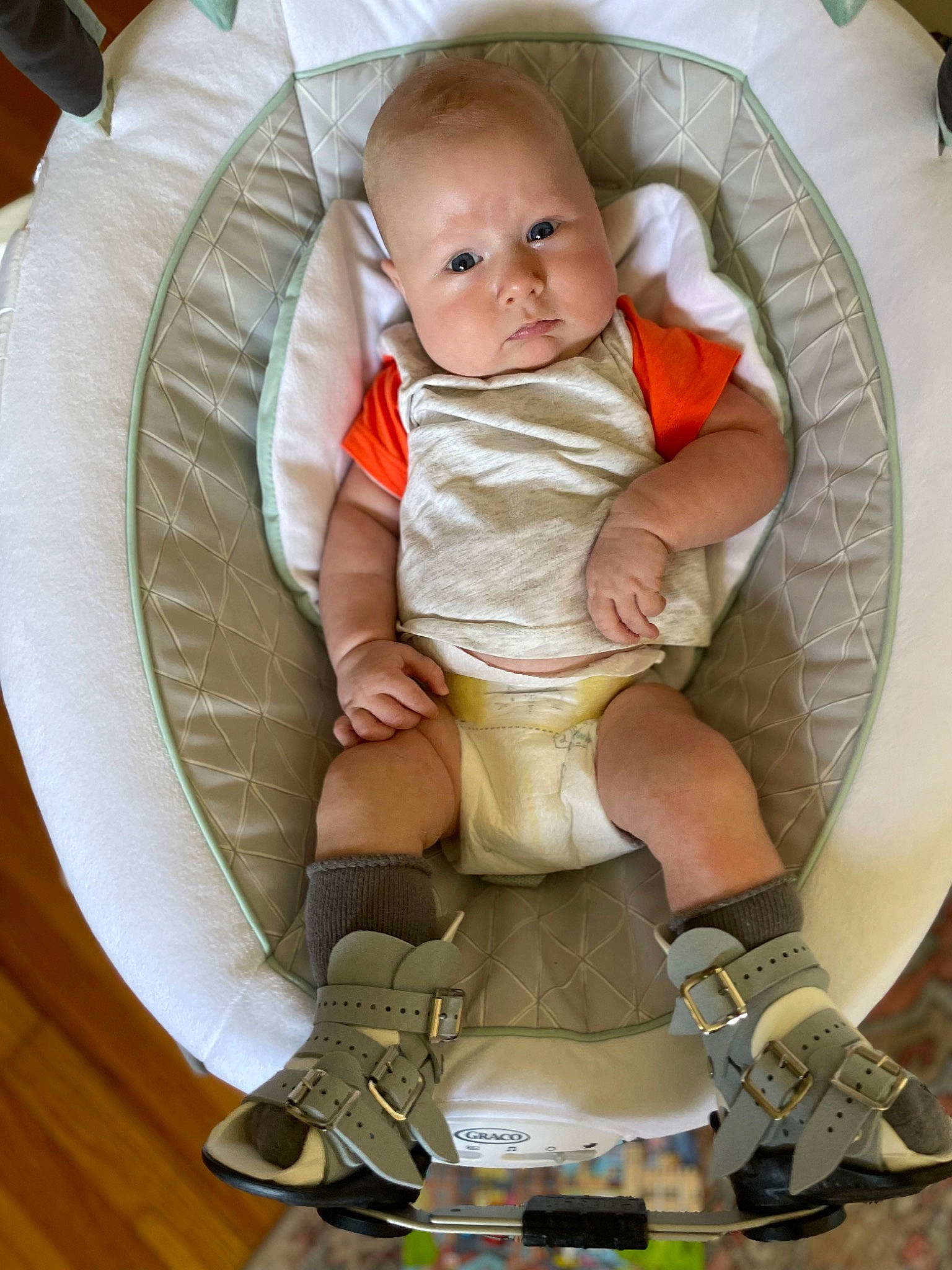 Archie is registered to the contest to win money with this photo: baby, baby_carriage, baby_products, baby_safety, baby_toddler_clothing, chair, chest, child, circle, comfort, hand, head, human_leg, knee, lap, leg, person, sitting, thigh, toddler