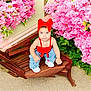 Maddie joined the competition — help win amazing prizes! toddler, child, red_headband, red_top, blue_jeans, white_shoes, wooden_bench, pink_flowers, green_leaves, outdoor, garden, nature, cute, portrait, sitting, baby, smiling, bright_colors, plants, daylight