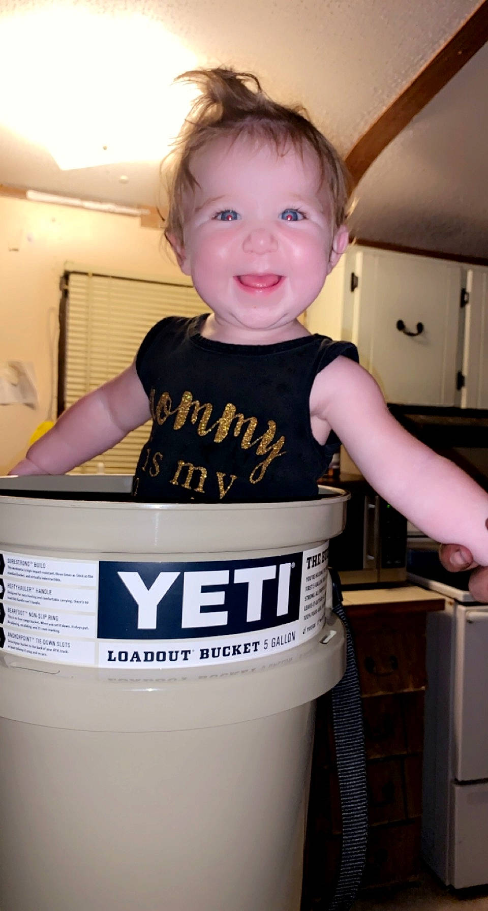 Jemma joined the competition — help win amazing prizes! baby, baby_toddler_clothing, blond, cabinetry, child_model, facial_expression, gas, happy, joy, kitchen, kitchen_appliance, person, shoulder, standing, tooth