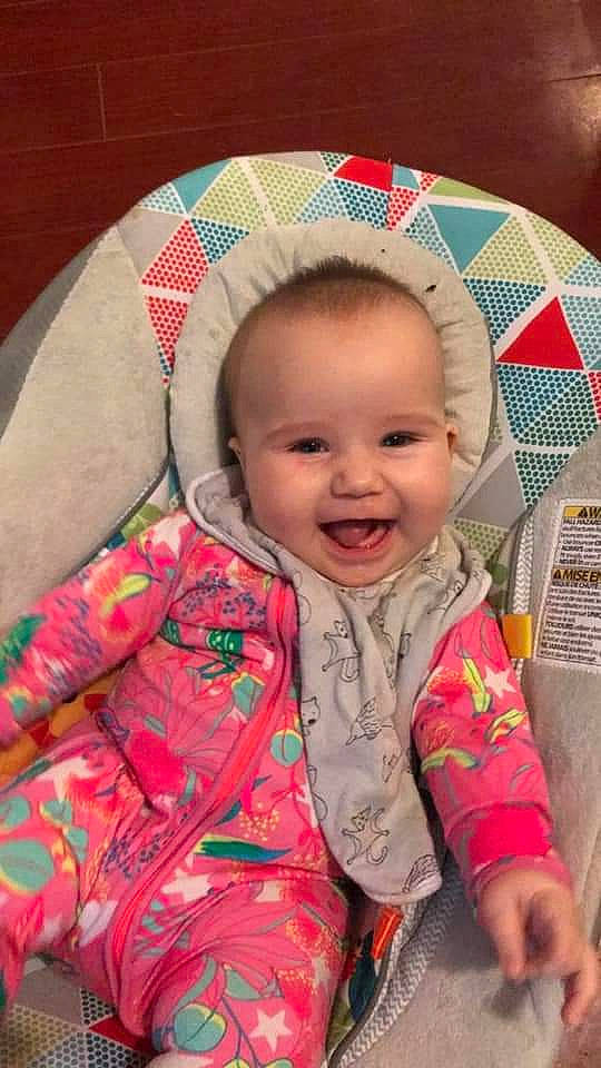 Gracie joined the competition — help win amazing prizes! baby, baby_laughing, baby_products, baby_toddler_clothing, cheek, child, eye, forehead, iris, joy, laugh, lip, nightwear, nose, person, pink, skin, sleeve, toddler, tongue