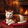 Princess is registered to the contest to win money with this photo: cat, white_cat, crown, cape, velvet_cushion, fireplace, candles, medieval_tapestry, antique_chair, ornate, luxury, royalty, jewels, indoor, cozy, warm_lighting, portrait, resting, decor, animal