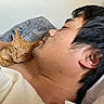 man, cat, sleeping, bed, blanket, indoor, resting, orange_cat, human, closeup, face, fur, comfort, relaxation, pet, nap, cozy, portrait, skin, hair