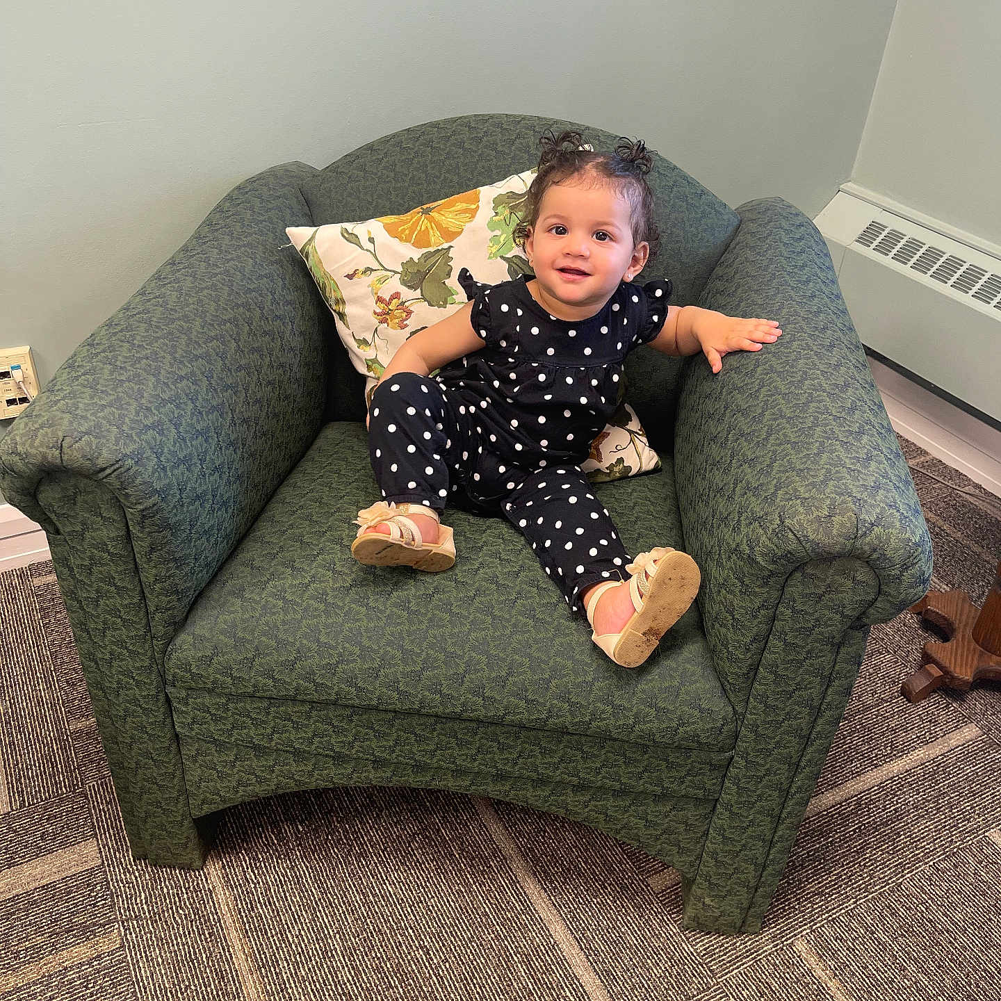 Yakut joined the competition — help win amazing prizes! carpet, child, cozy, curly_hair, cute, floral_pillow, furniture, green_armchair, home_interior, indoor, outfit, person, polka_dot, portrait, relaxed, sandals, seated, smiling, toddler, wall