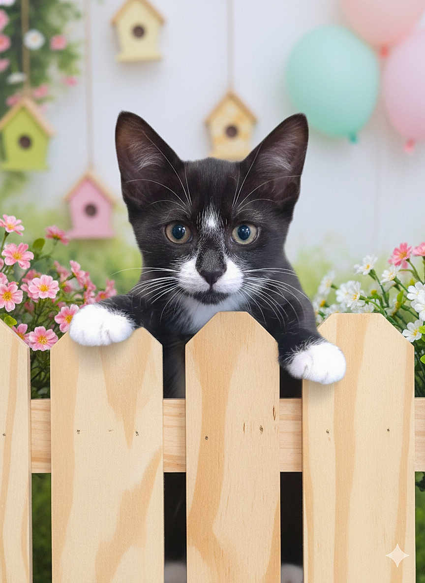 Princess joined the competition — help win amazing prizes! kitten, cat, black_and_white_cat, picket_fence, flowers, balloons, birdhouses, garden, cute, curious, pet, animal, indoor, closeup, whiskers, paws, playful, soft_light, background_blur, spring