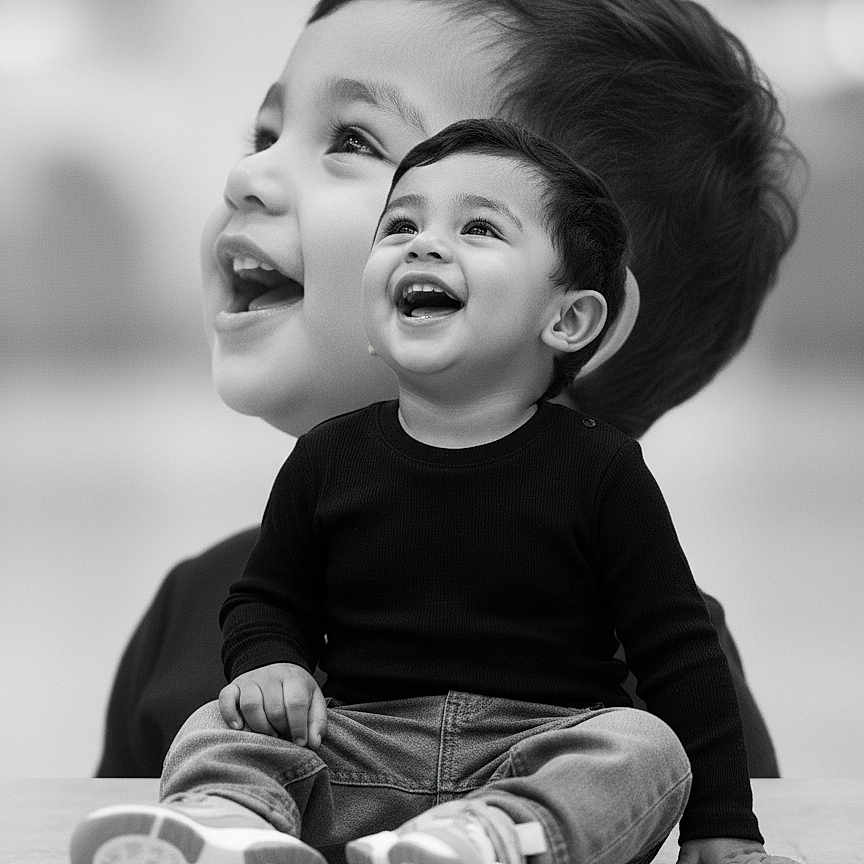Agasthya is registered to the contest to win money with this photo: background_face, black_and_white, child, closeup, double_exposure, drool, emotion_happy, face, hair, hands, happy, jeans, laughing, portrait, sitting, smiling, sneakers, studio, sweater, toddler