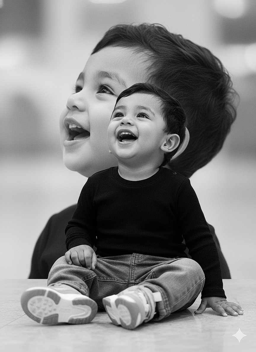 Agasthya is registered to the contest to win money with this photo: child, toddler, smiling, laughing, portrait, black_and_white, double_exposure, sitting, sneakers, jeans, sweater, hands, face, hair, background_face, happy, studio, closeup, drool, emotion_happy