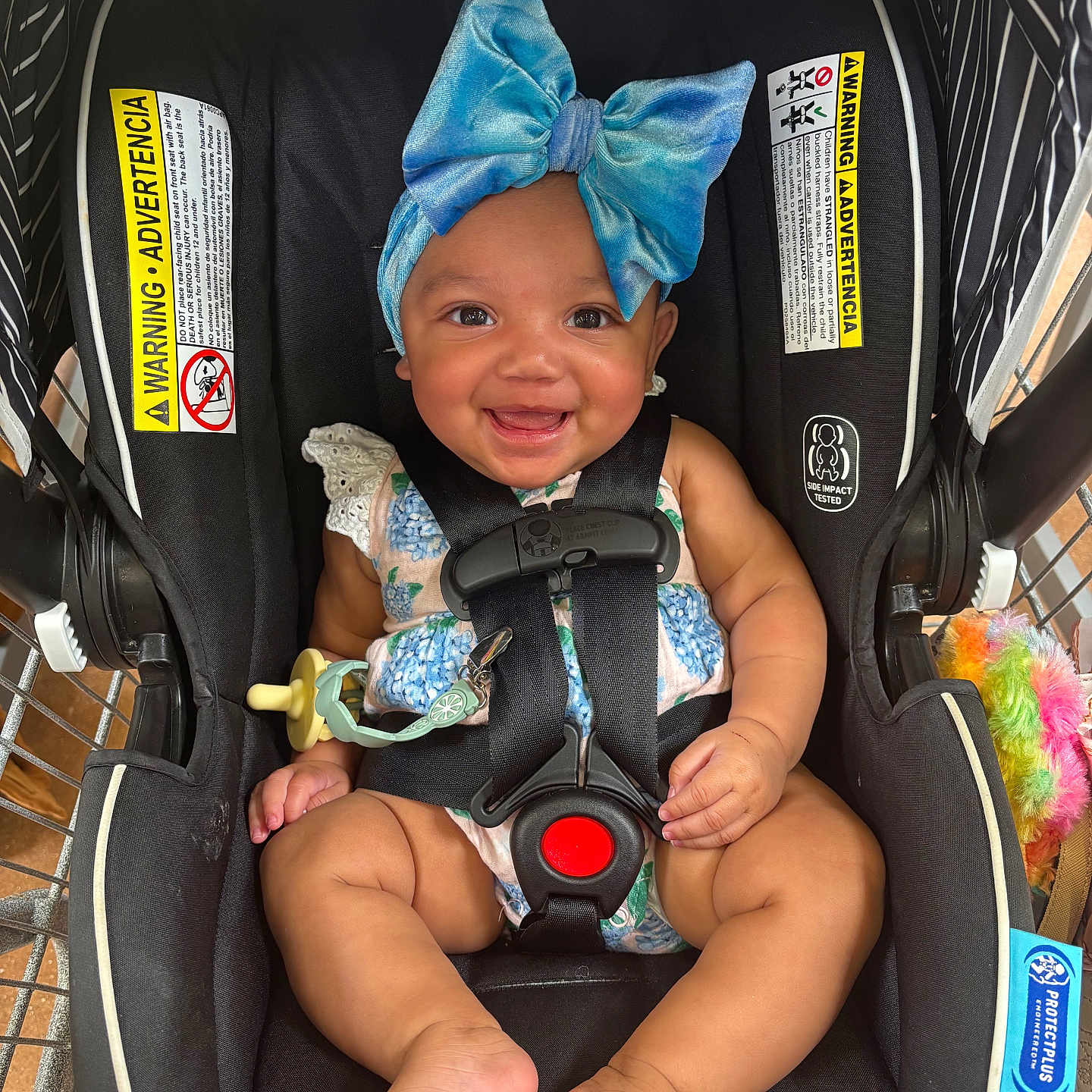Journi joined the competition — help win amazing prizes! baby, black, blue_bow, car_seat, child, clothing, cute, foot, happy, harness, headband, indoor, infant, pacifier, person, seatbelt, shopping_cart, skin, smiling, warning_label