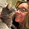 affection, casual, cat, close_up, collar, domestic_animal, feline, glasses, gray_cat, happy, home, human, indoor, long_hair, love, nose_to_nose, pet, portrait, smiling, woman