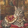 Eddie is registered to the contest to win money with this photo: animal, cat, costume, crown, cushion, decor, fabric, feline, historical, indoor, jewel, jewelry, luxury, ornate, painting, portrait, regal, royal, tabby_cat, throne_room