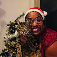 Salmo participe au concours pour gagner de l'argent avec cette photo : person, cat, tabby_cat, santa_hat, glasses, christmas_tree, ornaments, holiday, smile, indoor, celebration, festive, red_clothing, decorations, tree, happy, holding, pet, home, cheerful