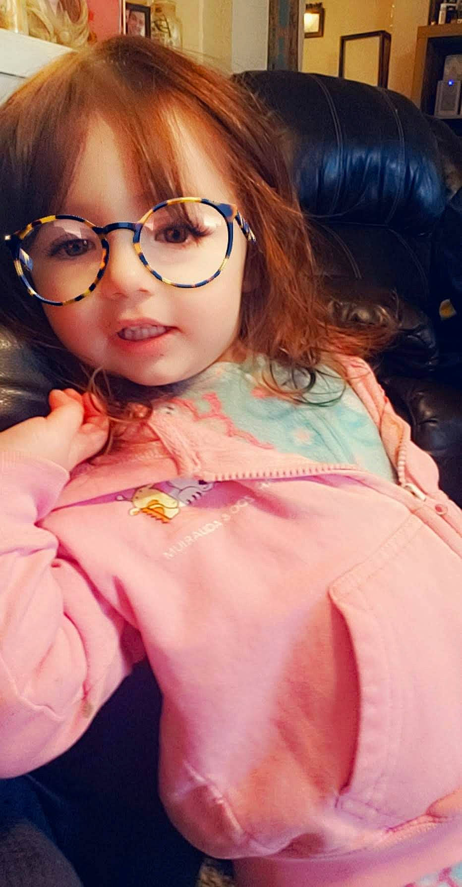 Alice joined the competition — help win amazing prizes! baby_toddler_clothing, bangs, brown_hair, cheek, cool, eye, eyelash, eyewear, feathered_hair, glasses, hairstyle, hime_cut, layered_hair, lip, mammal, nose, peach, person, pink, toddler