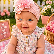 Luciana is registered to the contest to win money with this photo: baby, child, flower_headband, pink_flower, blue_eyes, smiling, dress, floral_pattern, picnic_blanket, outdoor, grass, basket, pink_flowers, white_picket_fence, sign, sunlight, cute, portrait, happy, summer