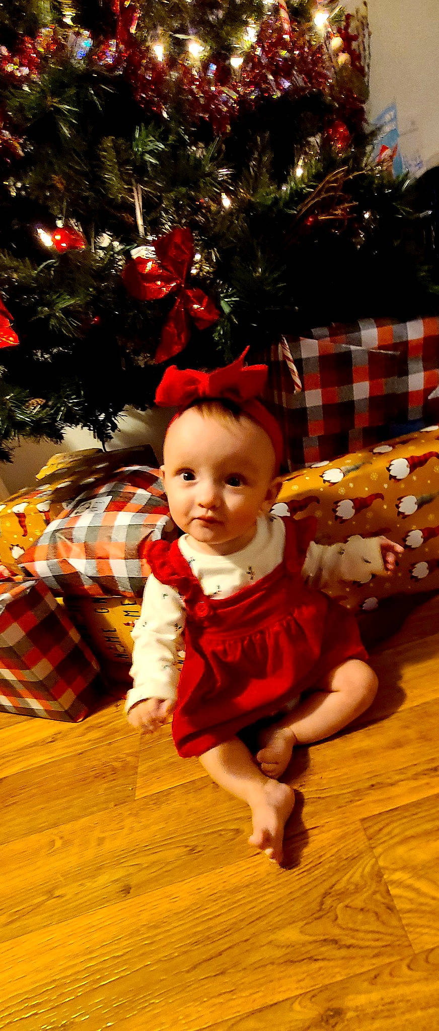 Everly is registered to the contest to win money with this photo: baby_toddler_clothing, christmas_decoration, christmas_ornament, christmas_tree, facial_expression, flooring, happy, head, holiday_ornament, human_body, light, ornament, person, photograph, plant, red, snapshot, tartan, toddler, tree