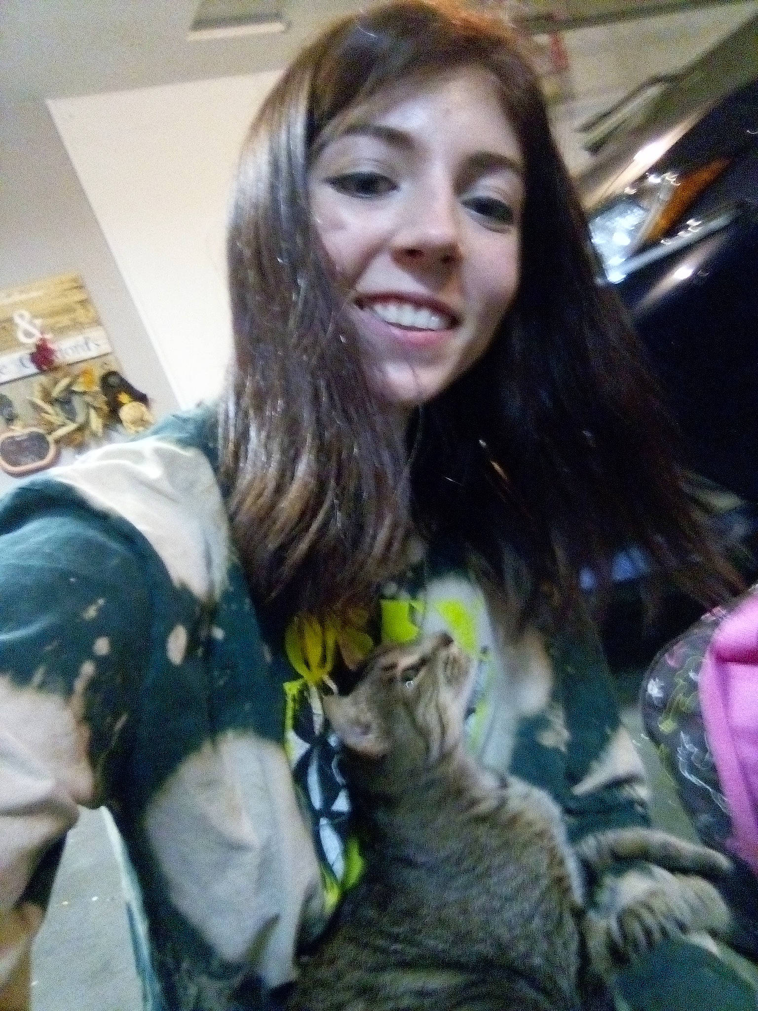 Kiwi is registered to the contest to win money with this photo: black_hair, blond, brown_hair, carnivore, companion_dog, event, eyewear, fashion_design, felidae, fun, fur, fur_clothing, hair, happy, long_hair, selfie, skin, small_to_medium_sized_cats, smile, whiskers