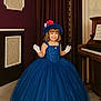 child, girl, dress, blue_dress, hat, gloves, pearl_necklace, smile, piano, indoor, vintage, curtains, floor, wall, decor, portrait, fashion, happy, person, costume