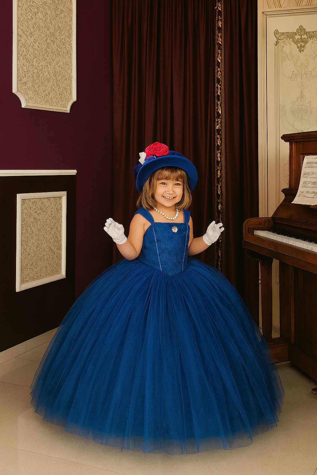 Clara-Maria participe au concours pour gagner de l'argent avec cette photo : child, girl, dress, blue_dress, hat, gloves, pearl_necklace, smile, piano, indoor, vintage, curtains, floor, wall, decor, portrait, fashion, happy, person, costume