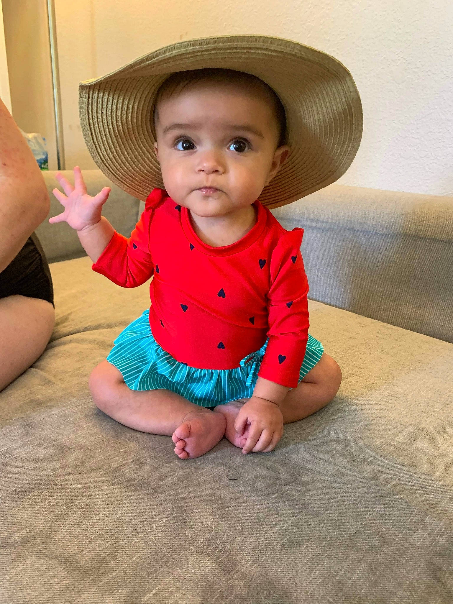 Tegan joined the competition — help win amazing prizes! baby, baby_toddler_clothing, beauty, cheek, child, fashion_accessory, hat, head, headgear, outerwear, person, sitting, skin, standing, sun_hat, toddler, vacation