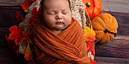 Matt is registered to the contest to win money with this photo: newborn, baby, sleeping, wrapped, basket, autumn, fall_leaves, pumpkins, orange_cloth, cozy, portrait, wooden_floor, decorative, peaceful, cute, infant, closeup, indoors, soft_texture, seasonal