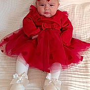 Ana Luiza a rejoint le concours — aidez-le/la à gagner de superbes lots ! baby, child, red_dress, headband, bow, white_shoes, white_tights, blanket, indoors, serious_expression, infant, cute, fashion, portrait, sitting, tulle_skirt, footwear, headwear, person, young_child