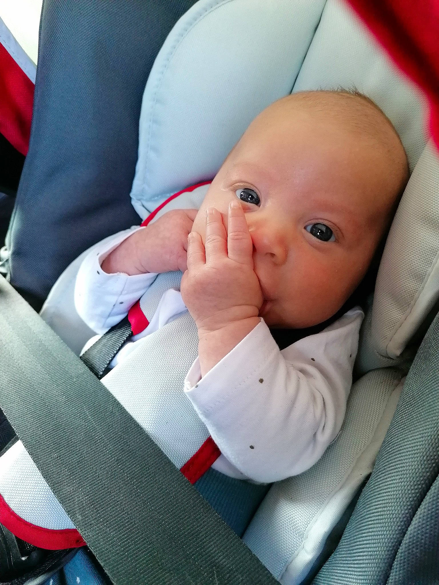 Louna a rejoint le concours — aidez-le/la à gagner de superbes lots ! auto_part, baby, baby_carriage, baby_in_car_seat, baby_products, baby_safety, baby_toddler_clothing, car_seat, carmine, cheek, child, comfort, finger, gesture, nail, person, product, seat_belt, sitting, textile