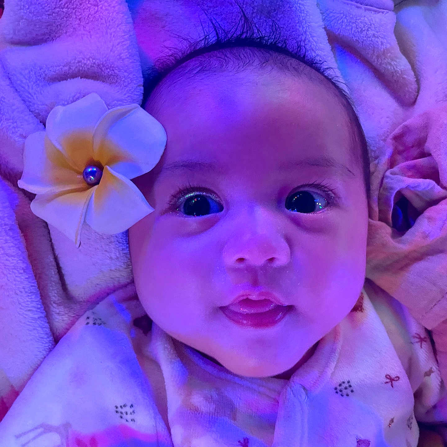 Kailani Ching Hon participe au concours pour gagner de l'argent avec cette photo : adorable, baby, blanket, child, closeup, clothing, cute, face, flower, head_accessory, indoors, infant, portrait, purple_light, resting, sleepwear, smile, soft_texture, tongue_out, wide_eyes