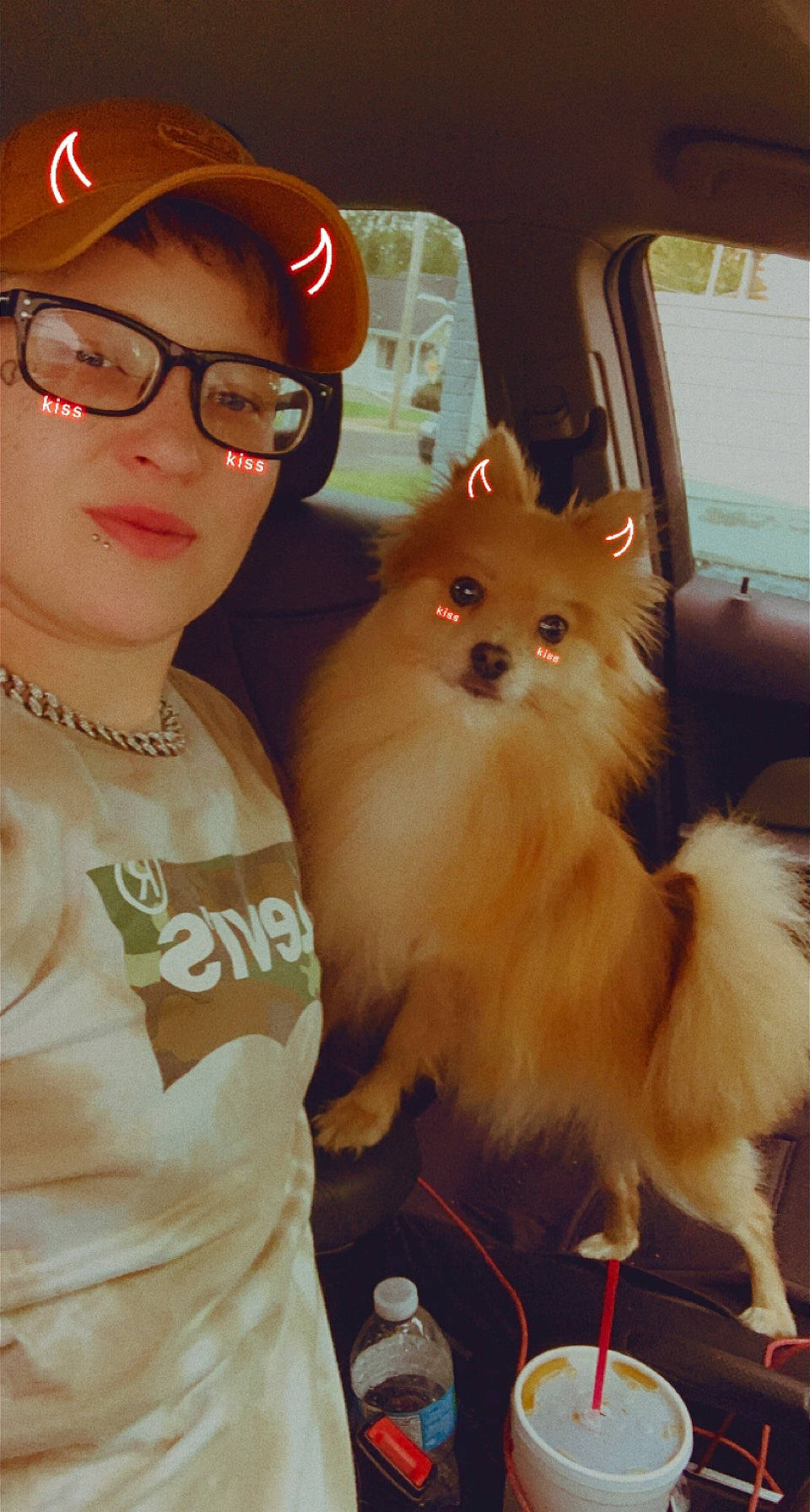 Kyrie Skye Coensgen joined the competition — help win amazing prizes! baseball_cap, cap, car, carnivore, companion_dog, dog, dog_breed, eyewear, fawn, glasses, happy, skin, smile, spitz, sporting_group, sunglasses, vision_care, whiskers, window, working_animal