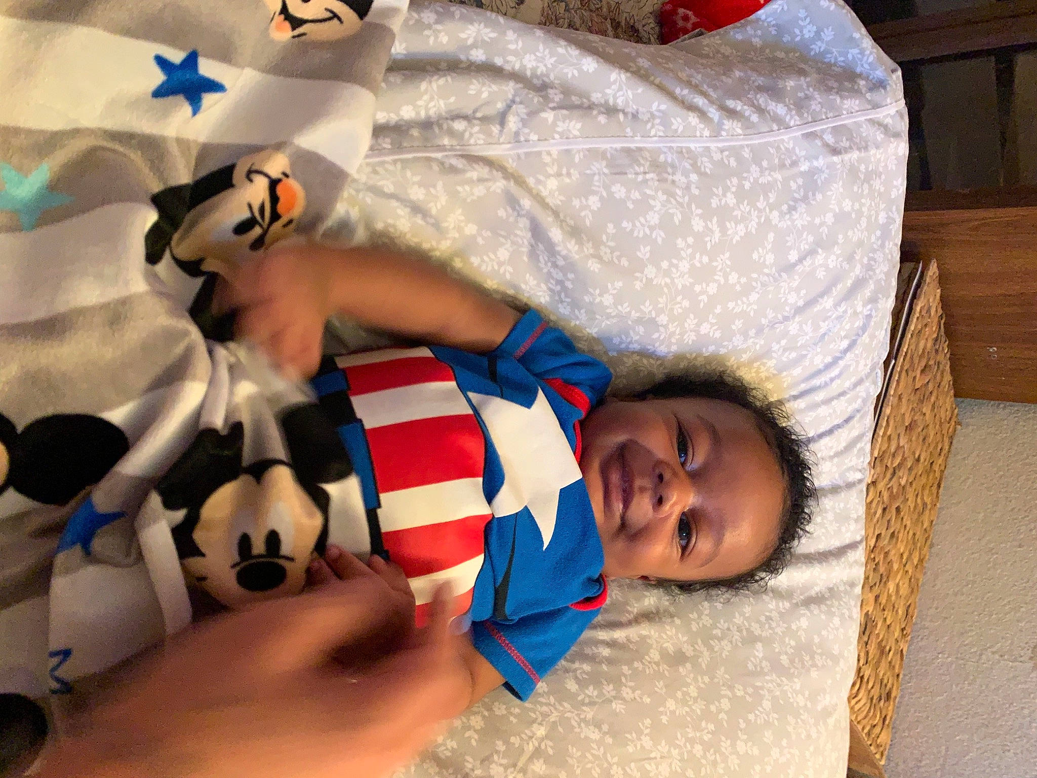 Khai is registered to the contest to win money with this photo: arm, baby, baby_products, baby_sleeping, bed, bedtime, child, comfort, finger, fun, hand, happy, leisure, linens, person, pillow, sleeve, t_shirt, textile, toddler