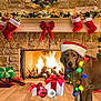 celebration, christmas_lights, christmas_tree, cozy, decorations, dog, festive, fire, fireplace, garland, golden_retriever, holiday, indoor, ornaments, presents, red_bow, santa_hat, stockings, winter, wood_floor