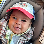 Matthew joined the competition — help win amazing prizes! baby, child, car_seat, cap, plaid_jacket, smiling, happy, infant, seatbelt, clothing, cute, portrait, indoor, person, headwear, patterned_clothing, young_child, face, seat, baby_toy
