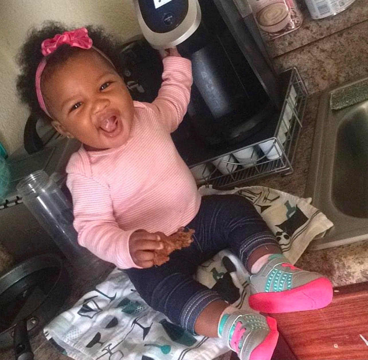 Cadence joined the competition — help win amazing prizes! audio_equipment, auto_part, black_hair, car_seat, comfort, cool, electronic_device, flooring, fun, happy, human_leg, lap, organ, person, pink, sitting, smile, thigh, thumb, toddler